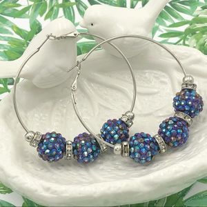 🍀 Iridescent Purple Blue Large Bead Silver Hoop Earrings